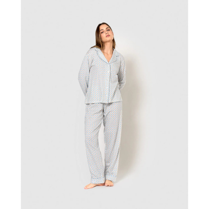 Pigiama lungo in cotone stile camicia color indaco