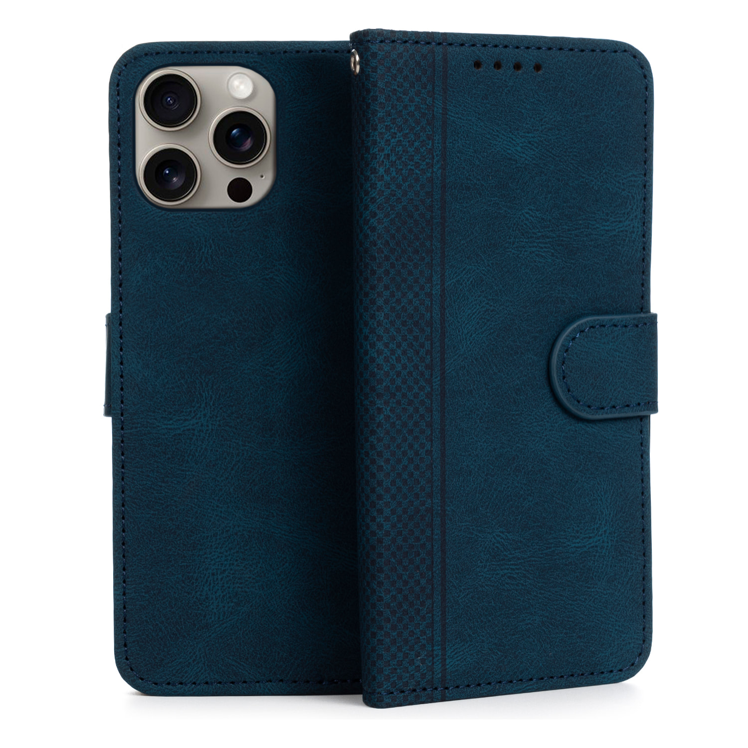 Custodia in pelle antiurto a libro per iPhone 14 Pro Max. Portacarte interno, cinturino da polso removibile.