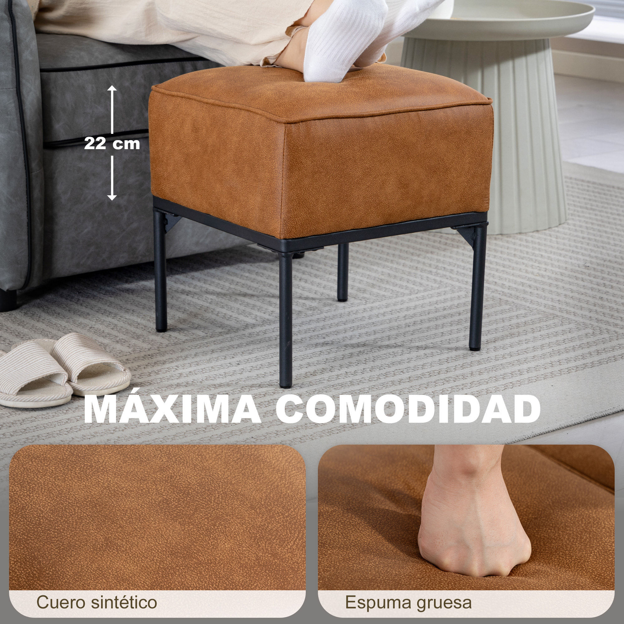 Reposapiés Salón, Taburete Bajo Tapizado en PU con Patas de Acero, Acolchado Grueso, Estilo Moderno, Otomana para Dormitorio, Sofá, Marrón