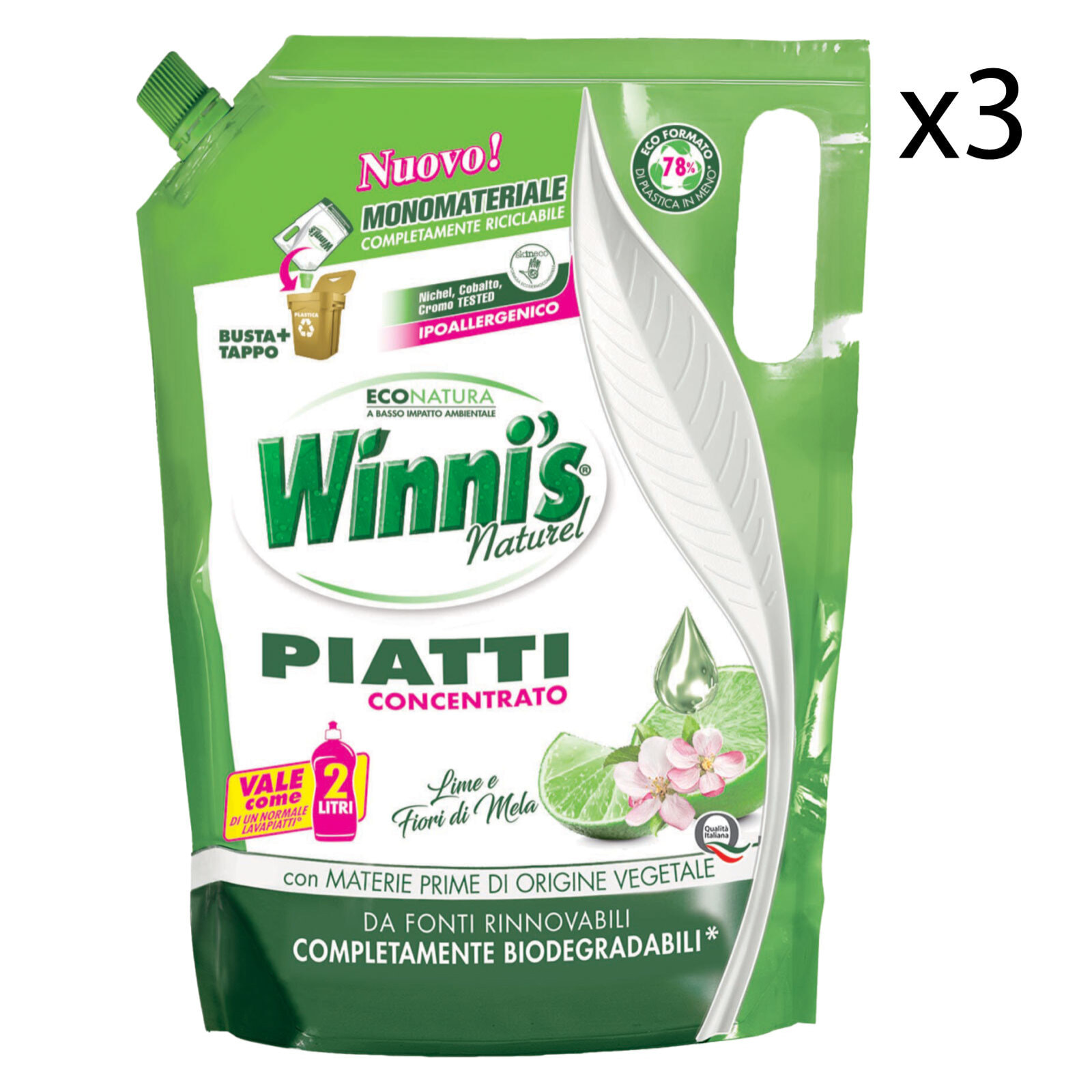 3x Winni's Naturel Detersivo Concentrato Piatti e Stoviglie al Lime e Fiori di Mela - 3 Buste da 1 Litro