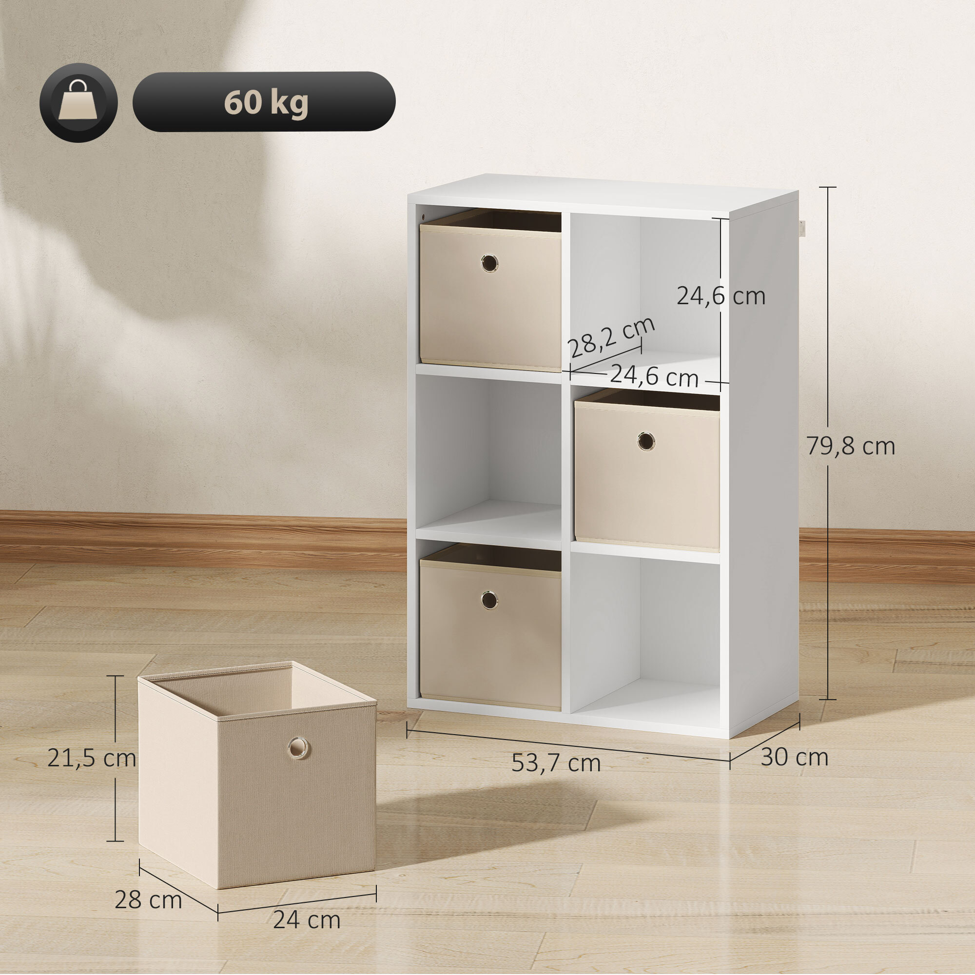 Estantería de 6 Cubos, Librería, Estantería para Libros con 3 Cajones de Tela, Horizontal o Vertical, para Salón, Dormitorio, Estudio, 53,7x30x79,8 cm, Blanco y Beige