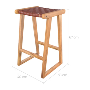 Tabouret de bar mi-hauteur Yuma en teck et cuir tressé marron