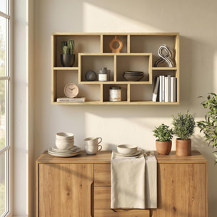 Estante de Pared Decorativo, Estantería para Libro, CDs, Baldas Flotantes con 8 Cubos, 85x14,5x47,5 cm, Carga 20kg, para Oficina, Estudio, Salón, Roble