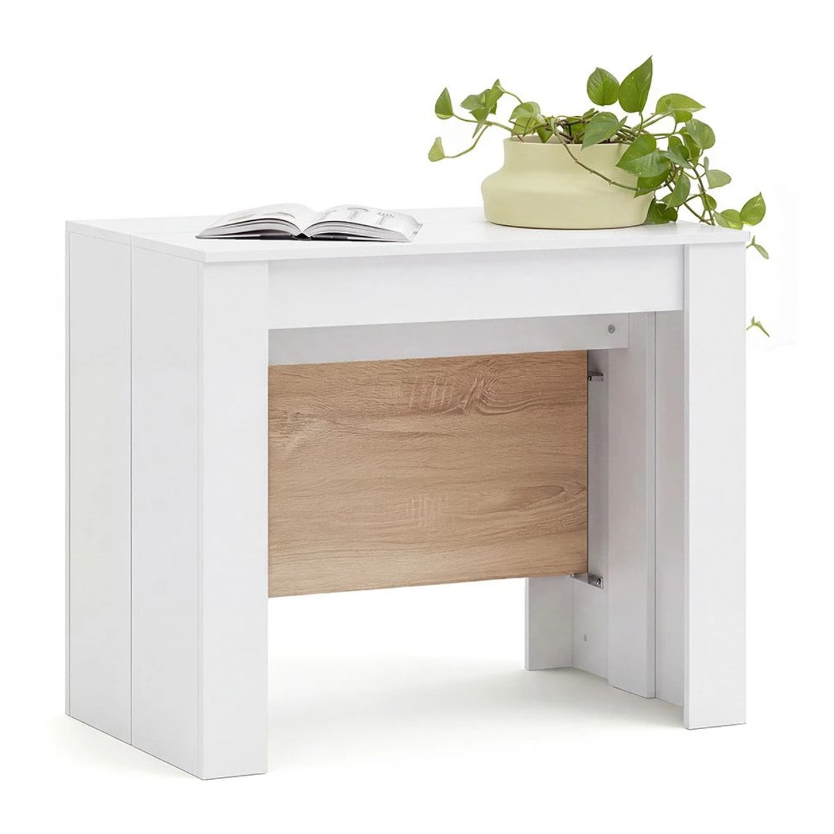 Mesa consola extensible en blanco artik y roble canadian 50-235x90 cm Denis Blanco Artik (Blanco Mate) - Roble Canadian