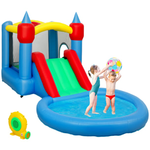 Castillo Hinchable con Soplador 4 en 1 Castillo Inflable para Niños con Tobogán Foso de Bolas Canasta y Bolsa de Transporte para Exterior Interior 415x205x190 cm