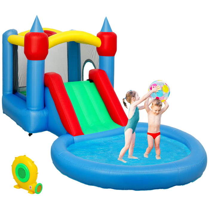 Castillo Hinchable con Soplador 4 en 1 Castillo Inflable para Niños con Tobogán Foso de Bolas Canasta y Bolsa de Transporte para Exterior Interior 415x205x190 cm