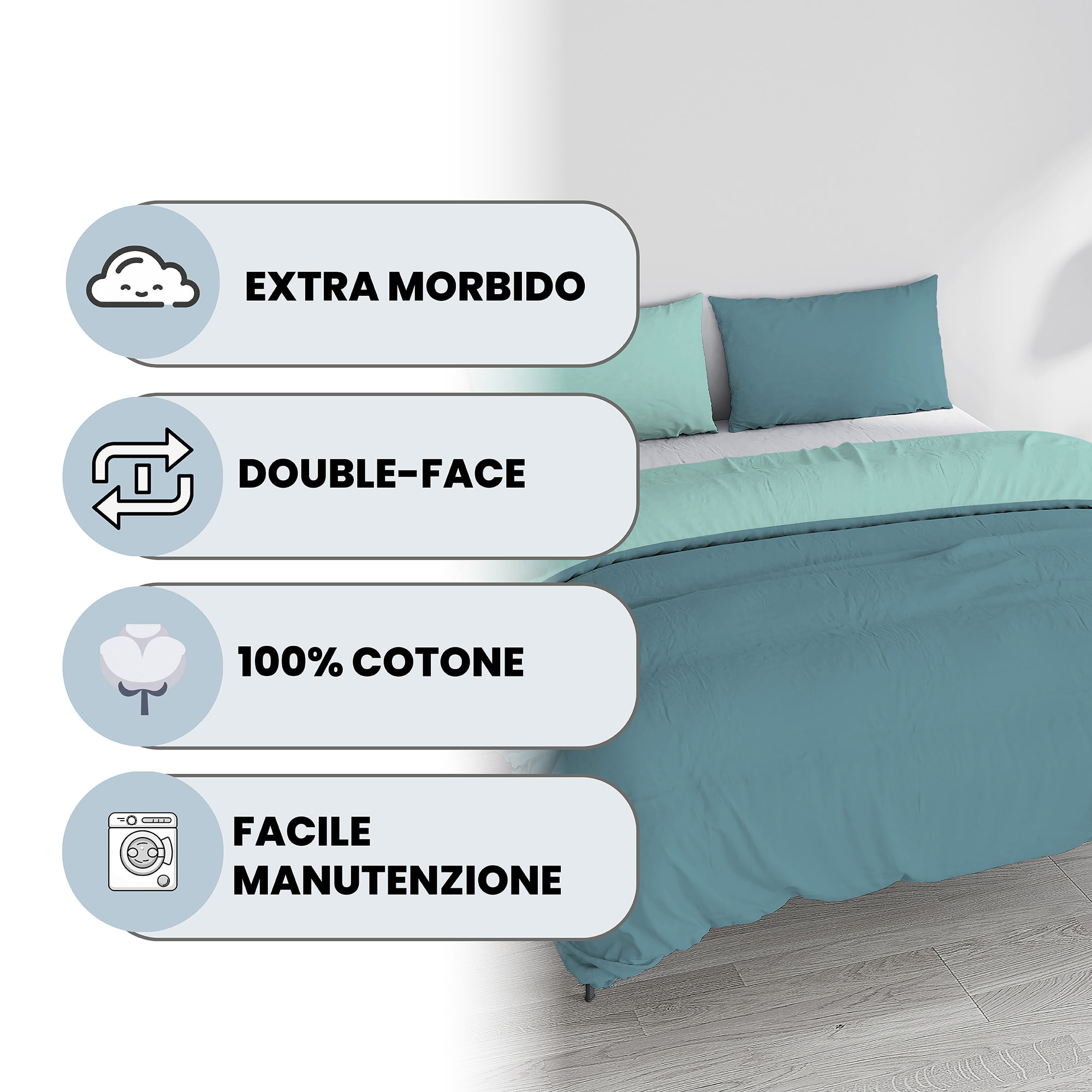 PARURE COPRIPIUMINO NATURAL COLOR, 100% Cotone, Made in Italy - OTTANIO/ACQUA