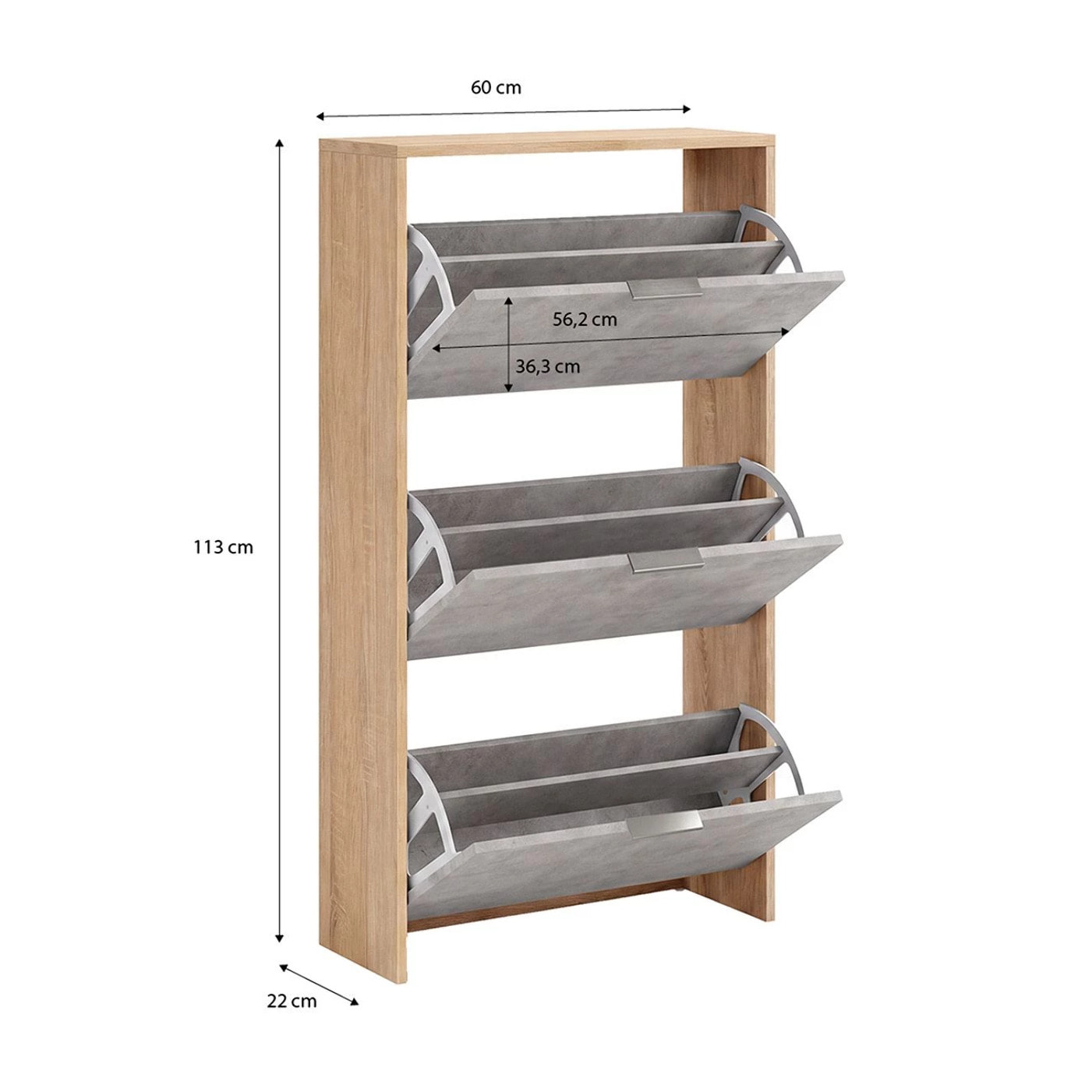 Zapatero de 3 puertas abatibles en roble canadian y gris cemento 60x113 cm Remi Roble Canadian - Gris Cemento