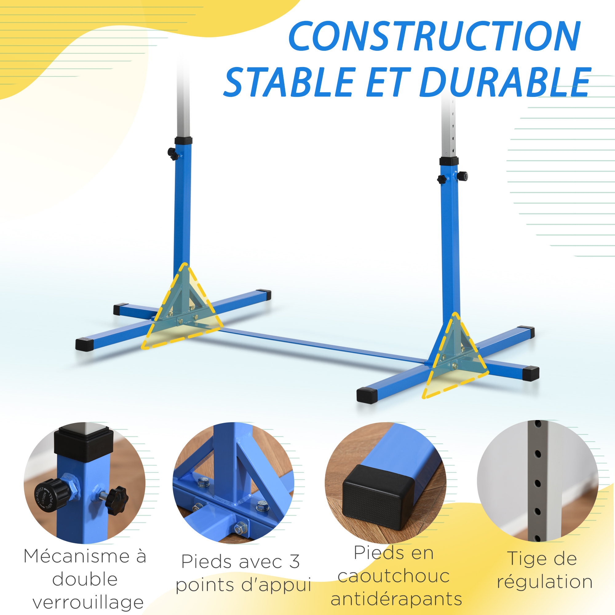 Barre fixe de gymnastique enfant - barre de gymnastique hauteur réglable 13 niveaux 92 à 150 cm - acier bleu bois massif hêtre