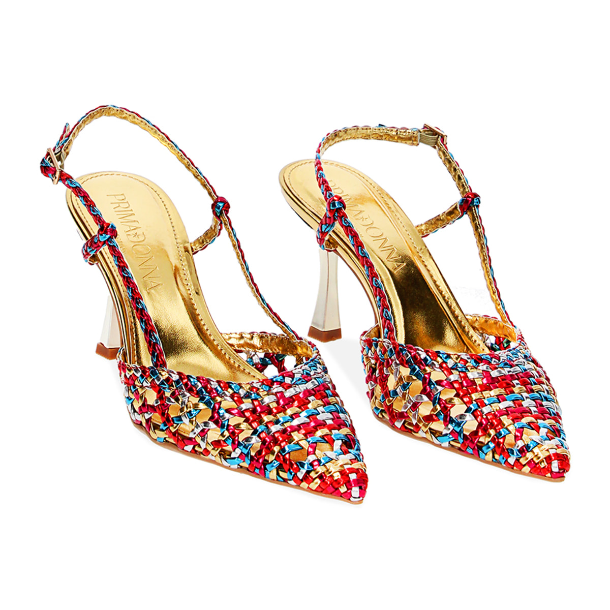 Décolleté slingback donna multicolor intrecciate, tacco 7,5 cm