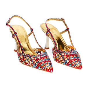 Décolleté slingback donna multicolor intrecciate, tacco 7,5 cm