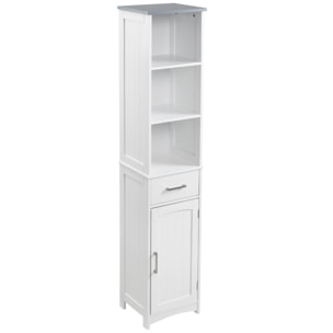 kleankin Armario de Baño con 1 Cajón 1 Puerta 3 Estantes Abiertos y Balda Interior Ajustable Mueble Auxiliar de Almacenaje para Salón Aseo Dormitorio 34x30x163 cm Blanco