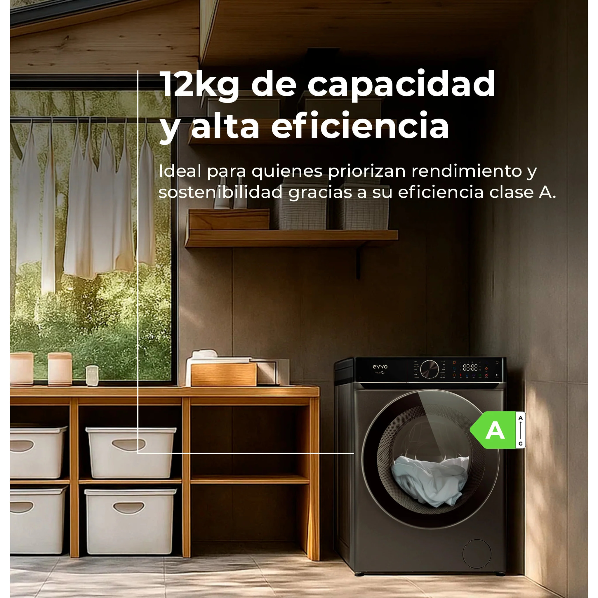 EVVO Lavadora 12 kg Nova Q12x, 1400 rpm, Clase A, Motor Inverter eDRIVE, 14 programas, vapor Steam Wash, lavado rápido 15', inox.