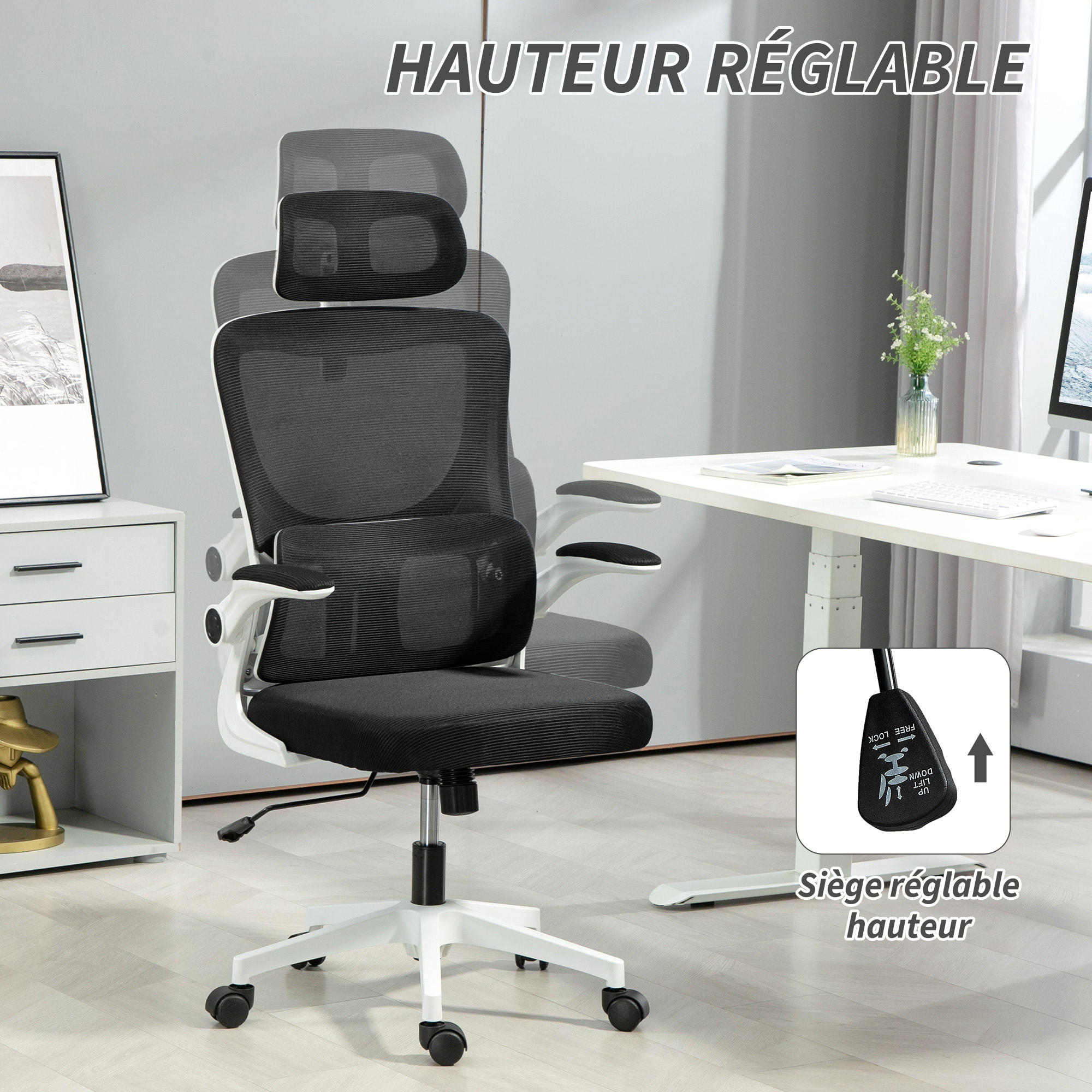 Fauteuil de bureau ergonomique réglable - fonction bascule, support lombaires, tétière ajustable - blanc noir