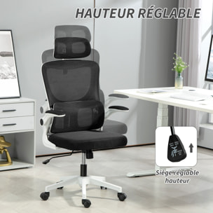 Fauteuil de bureau ergonomique réglable - fonction bascule, support lombaires, tétière ajustable - blanc noir