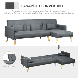 Canapé d'angle convertible 3 places design scandinave - réversible, effet capitonné, 3 coussins déco - piètement bois tissu aspect lin gris