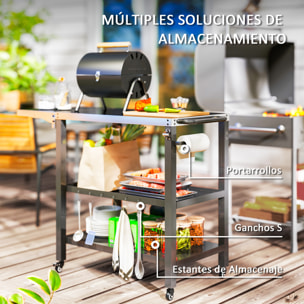 Carrito de Parrilla de 3 Niveles Carrito de Barbacoa Carro de Servicio con Ruedas Estantes Encimera de Acero Inoxidable Lateral Plegable y Asa Mesa de Horno de Pizza para Jardín Patio Negro