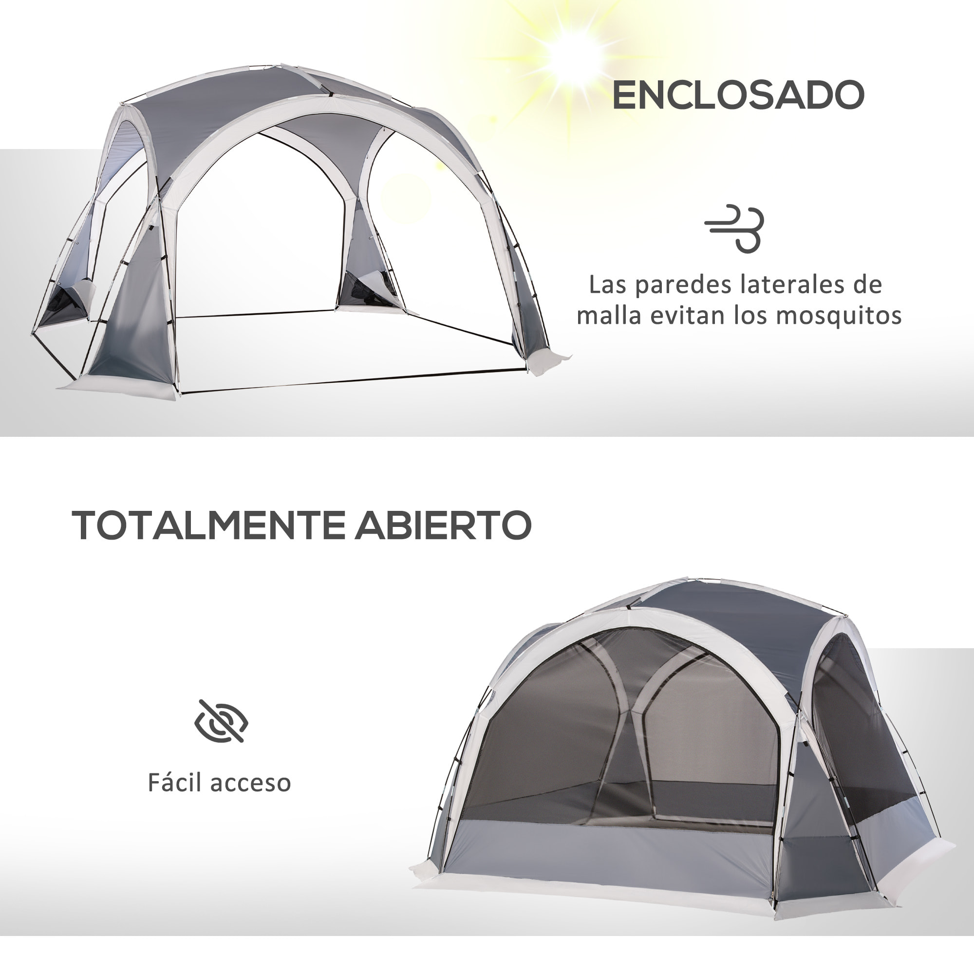 Carpa Portátil para 6-8 Personas Carpa de Camping con 4 Mosquiteros Gancho y Bolsa de Transporte Anti-UV para Pescar Senderismo 350x350x230 cm Gris y Blanco