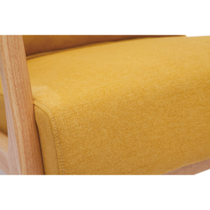 Fauteuil scandinave en tissu effet velours jaune moutarde et bois clair massif DERRY