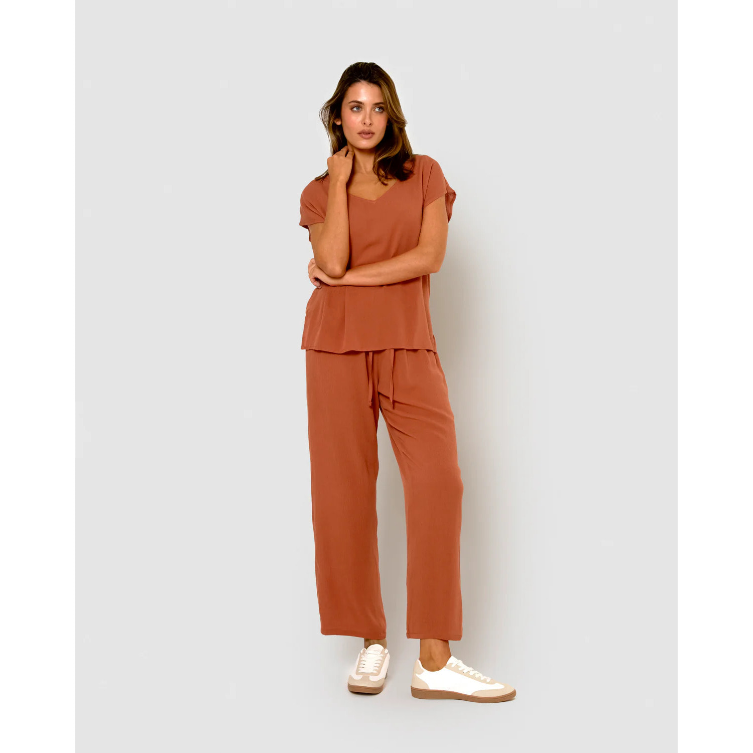 Camisa mujer bambula detalles plisados teja