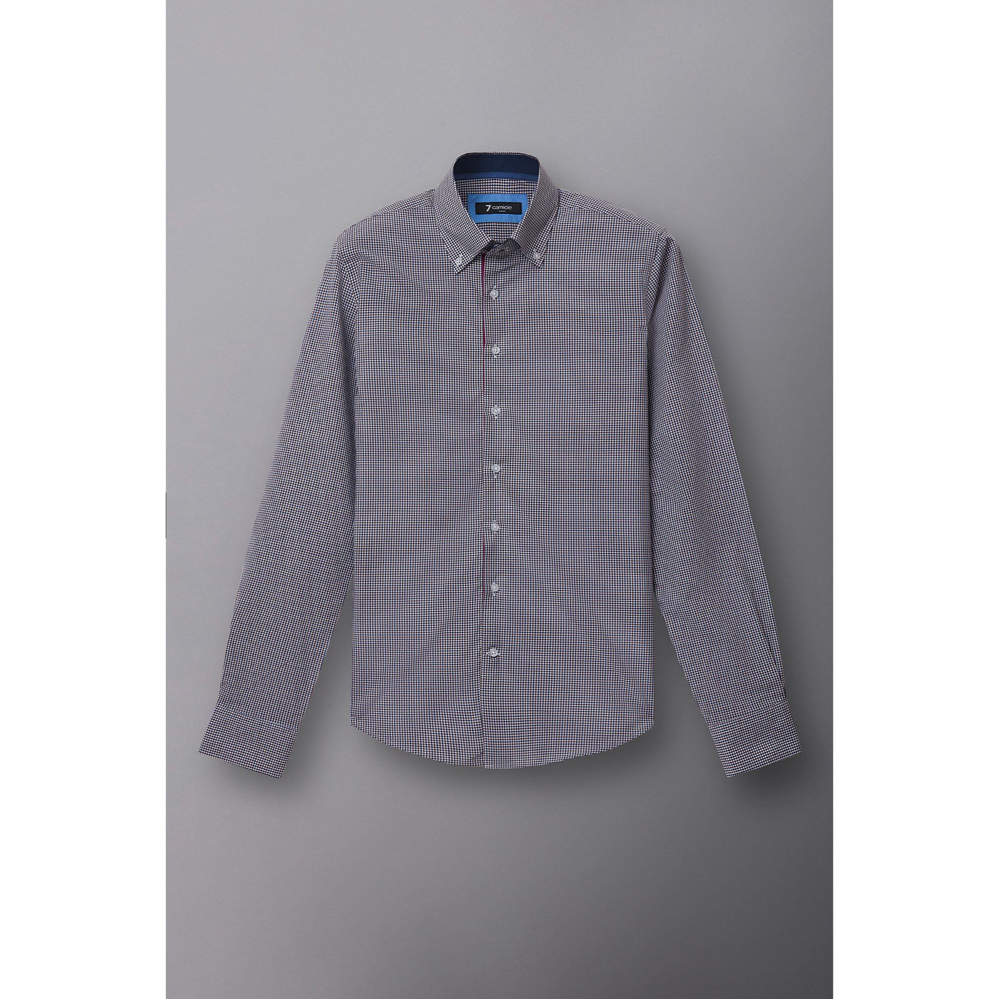 Camicia Uomo 2 Bottoni Button Down Slim Popeline Quadro Piccolo Bianco e Rosso