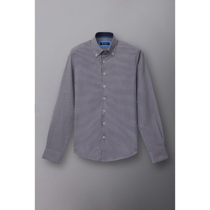 Camicia Uomo 2 Bottoni Button Down Slim Popeline Quadro Piccolo Bianco e Rosso