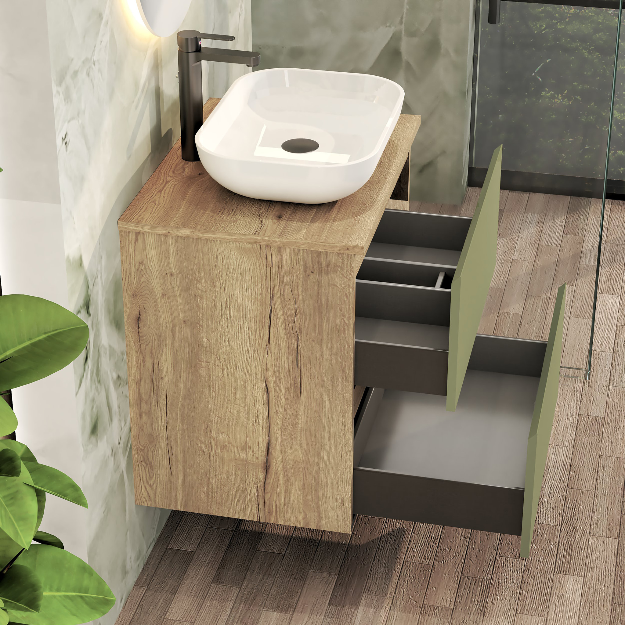 Conjunto de Baño Nia | Mueble Suspendido | 60 cm Verde | Dos Cajones | Lavabo Sobrepuesto | No incluye Espejo | Mueble Montado| Alday