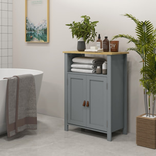 Meuble bas de salle de bain sur pied 2 portes étagère niche plateau aspect bois clair gris