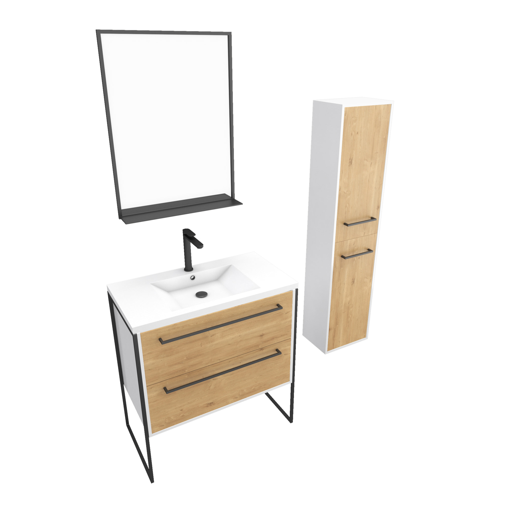 Pack meuble de salle de bain 80x50 cm - 2 tiroirs - vasque blanche + miroir noir mat + colonne