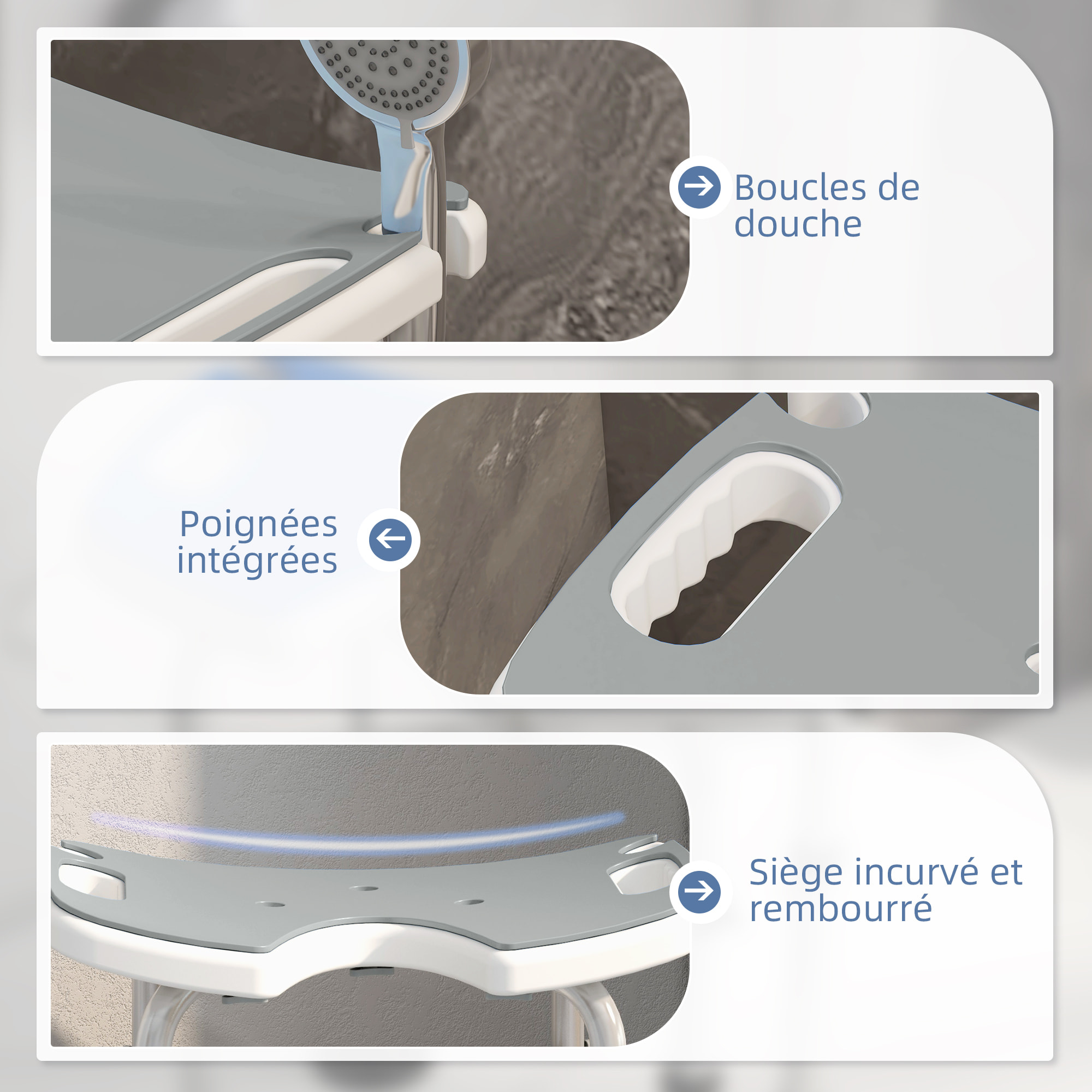 Tabouret de douche - siège de douche avec barre d'appui ventouse - hauteur réglable - alu HDPE gris blanc