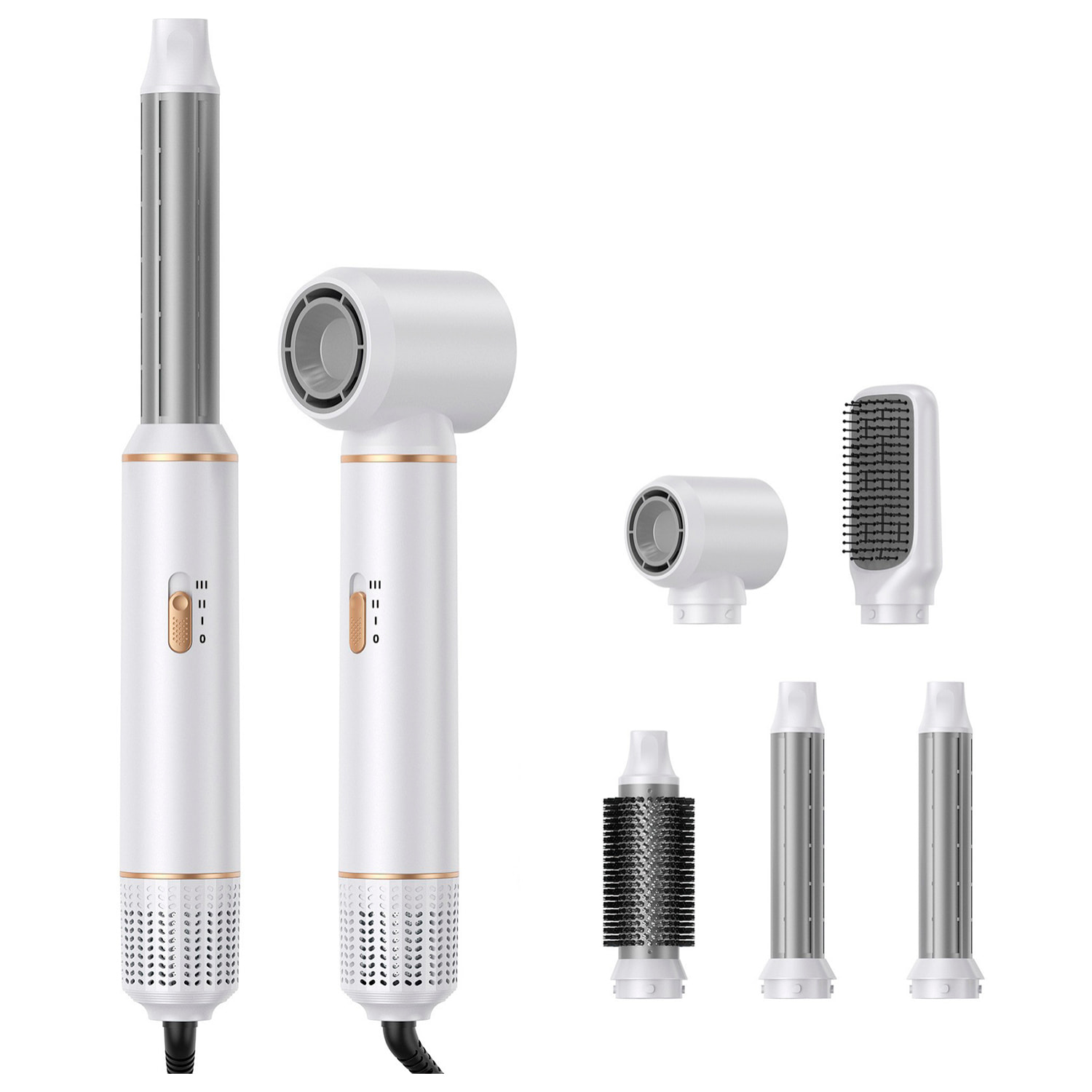 Secador de pelo 677. 5 en 1 con iones negativos. Permite alisar, secar, rizar y mucho más. Con 3 temperaturas y 5 accesorios.