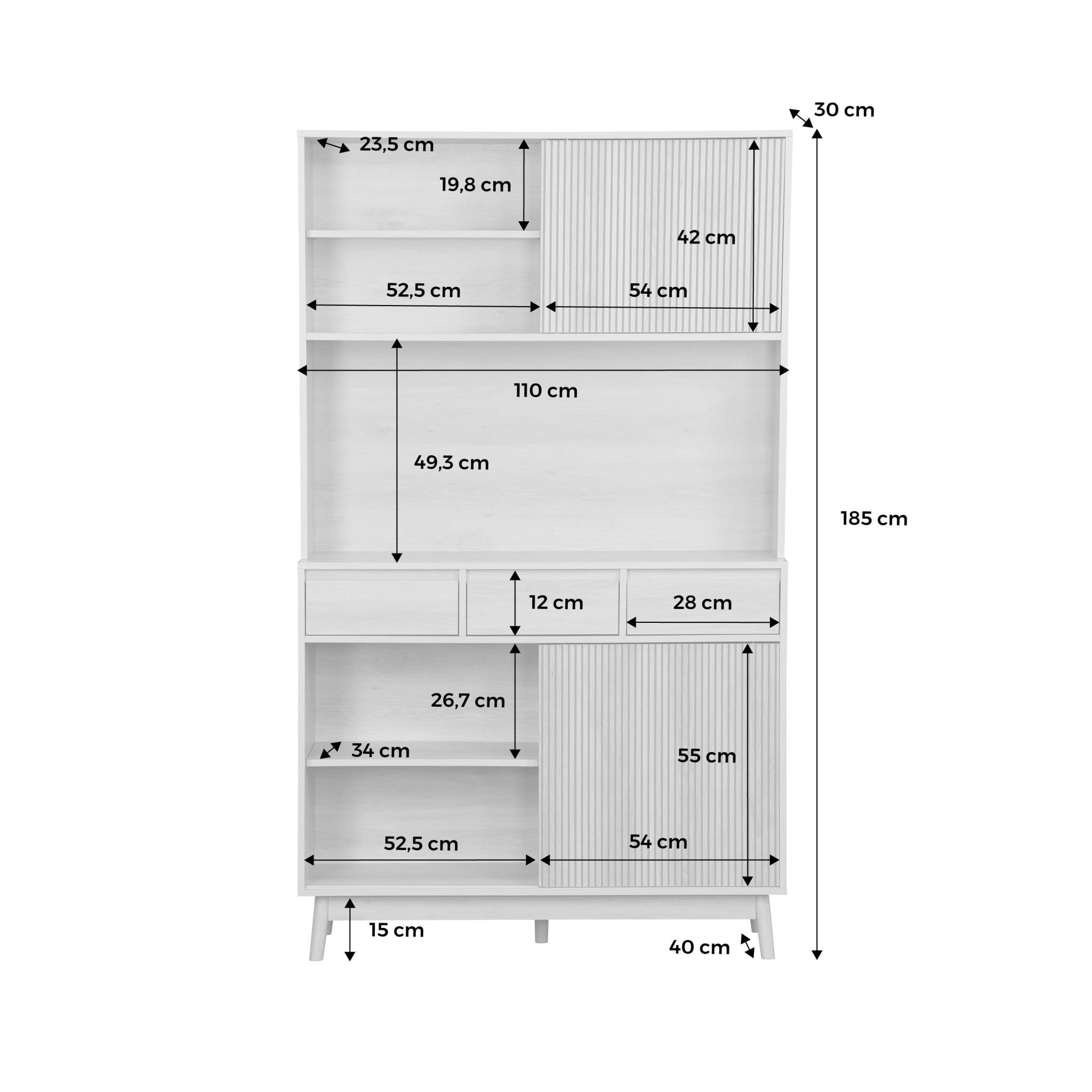 Buffet de cuisine LINEAR décor bois 4 portes 3 tiroirs 110 cm. Naturel. pieds en bois de pain revêtement papier