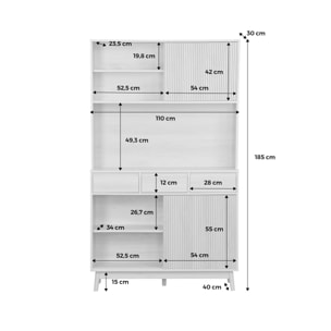 Buffet de cuisine LINEAR décor bois 4 portes 3 tiroirs 110 cm. Naturel. pieds en bois de pain revêtement papier