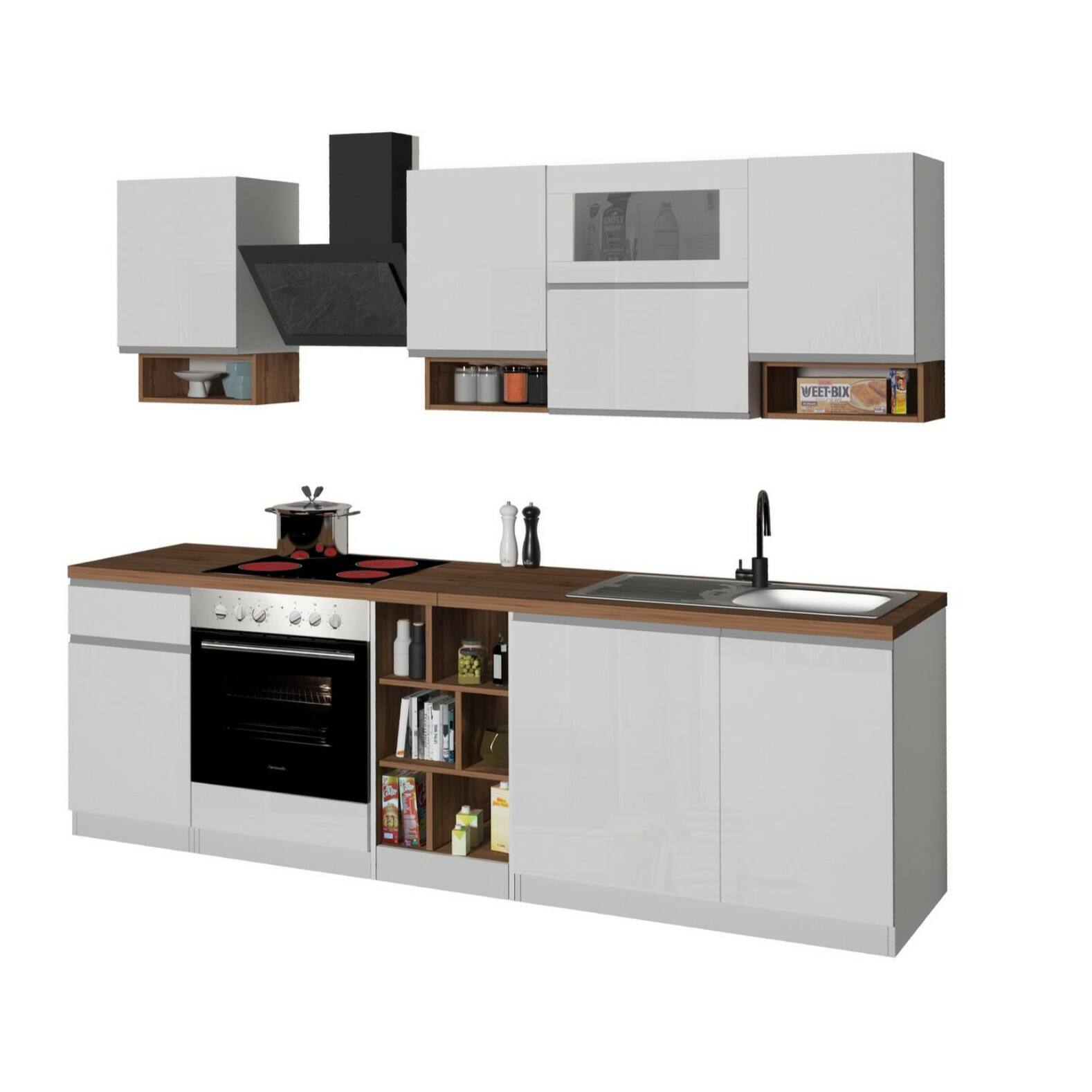 Cucina completa Dceccaron, Cucina pratica e salvaspazio, Parete da cucina con 8 ante e 1 cassetto, 100% Made in Italy, 255x60h85 cm, Bianco lucido e Rovere