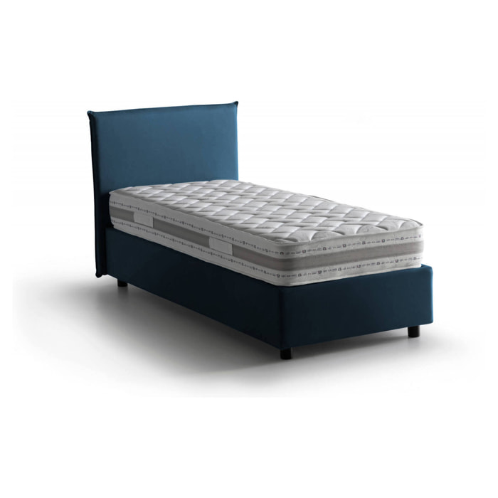 Letto singolo Catia, Letto contenitore con rivestimento in tessuto, 100% Made in Italy, Apertura frontale, con materasso Cm 80x200 incluso, Blu