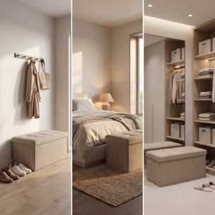 Pouf contenitore imbottito in tessuto con seduta lunga, panca multifunzione con spazio interno, ideale come poggiapiedi, seduta o contenitore, pratico e versatile per soggiorno, camera o ingresso, facile da pulire, dimensioni 76x34x34 cm