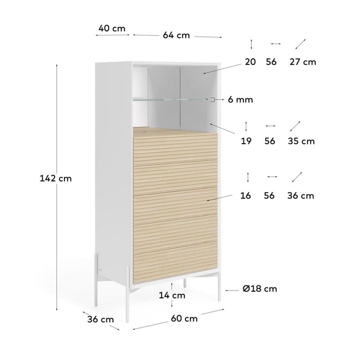 Kave Home - Cassettiera Marielle con 5 cassetti in legno di frassino laccati di bianco 64 x 142 cm