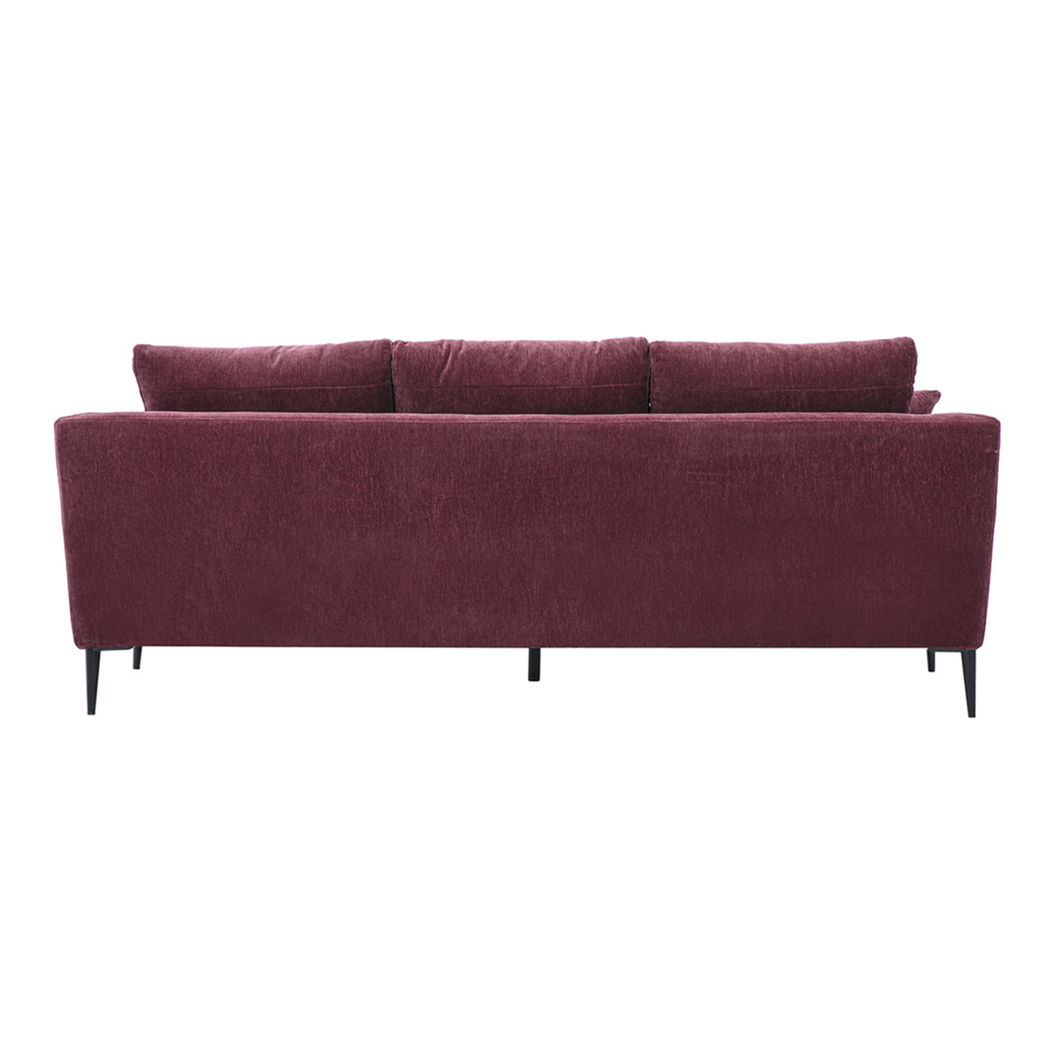 Canapé design 3 places en tissu effet velours prune et métal noir JERRY