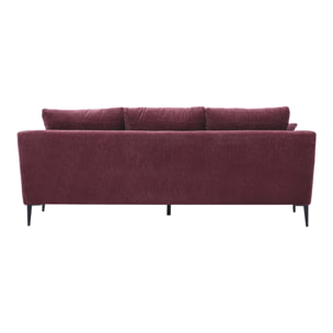 Canapé design 3 places en tissu effet velours prune et métal noir JERRY