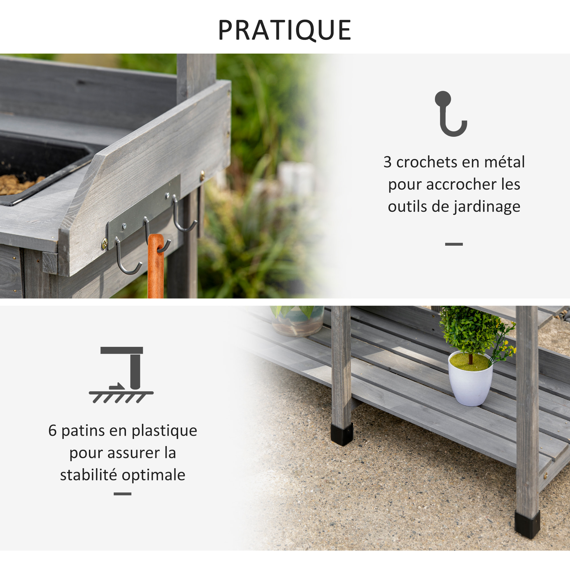 Table de rempotage jardinage multi-équipée - tiroir, 3 étagères, évier, 3 crochets - bois sapin pré-huilé gris