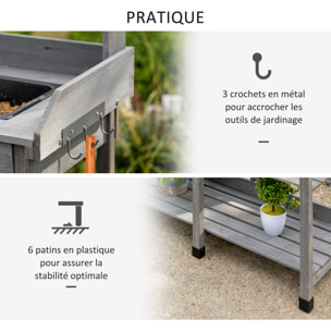Table de rempotage jardinage multi-équipée - tiroir, 3 étagères, évier, 3 crochets - bois sapin pré-huilé gris