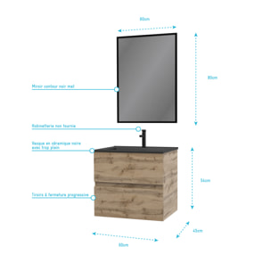 Pack Meuble SDB 60cm suspendu 2 tiroirs Chene_Vasque noire + Miroir - TIMBER 60_Pack07