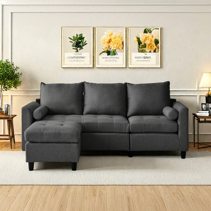 CHARLES - Canapé 3 places en tissu avec pouf gris foncé