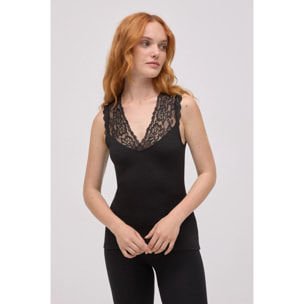 Canotta termica con scollo a V e dettagli in pizzo nero