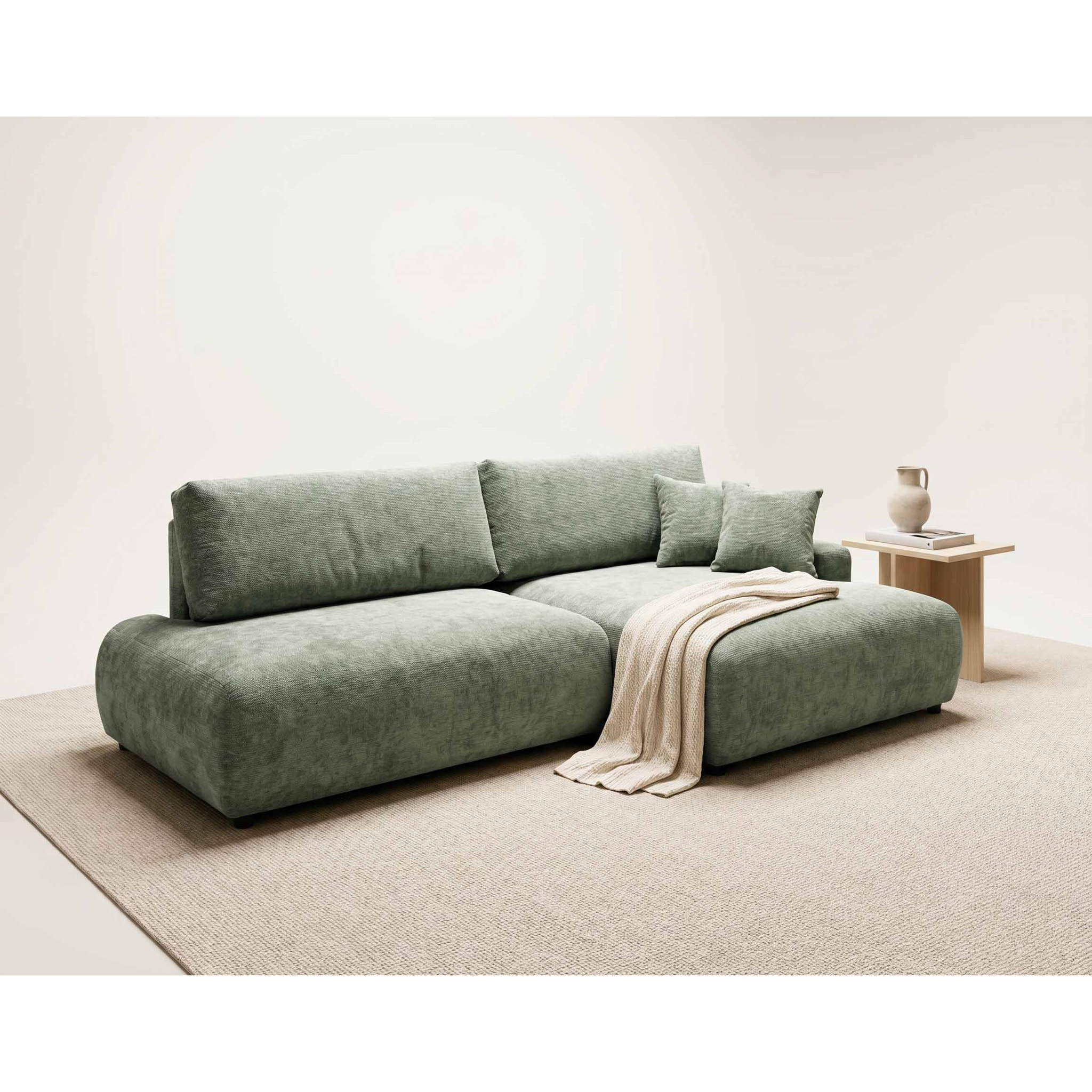 Pivoine - Canapé d'angle ouvert droit 4 places convertible avec coffre en tissu texturé - Vert sauge