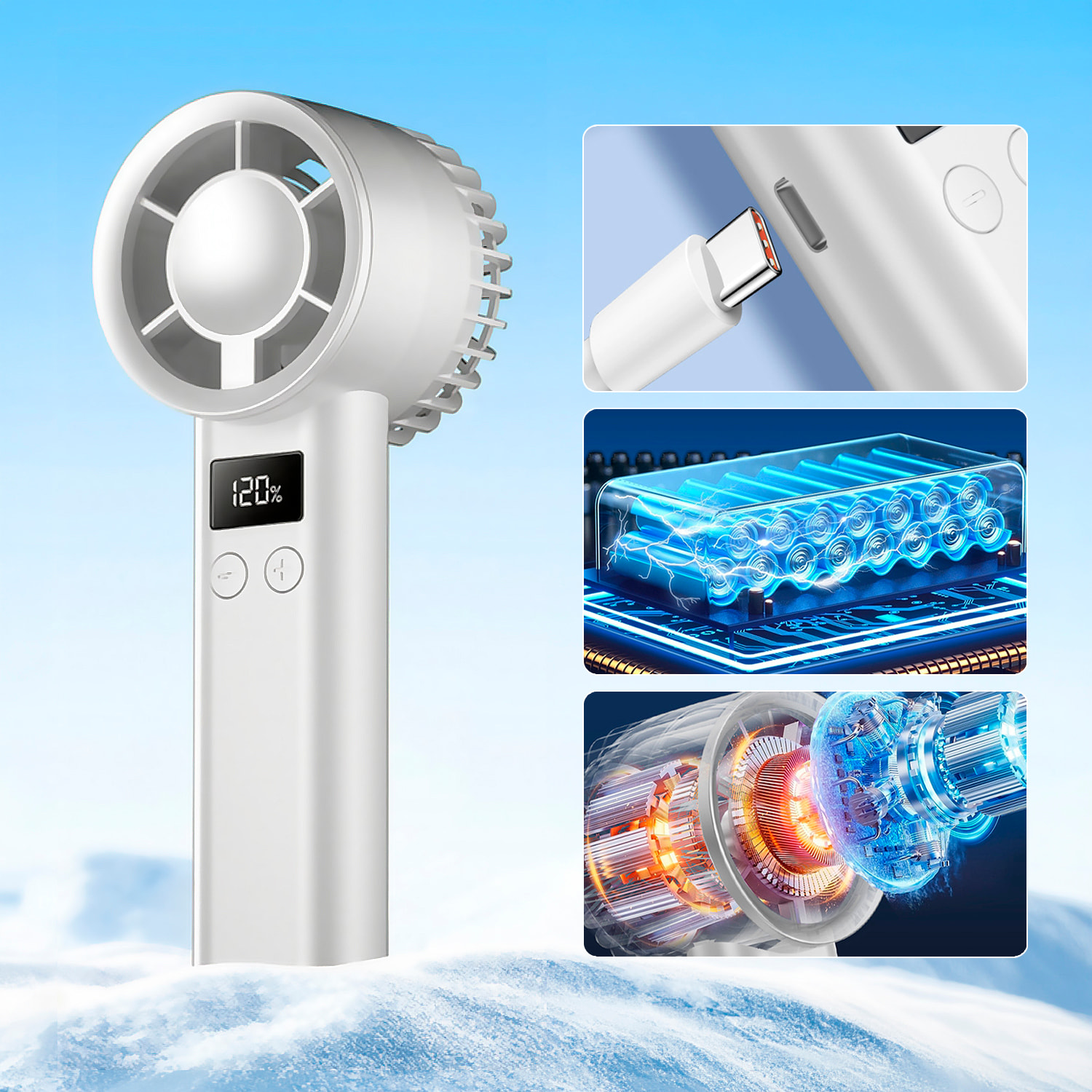 Ventilador portátil F30. Con motor sin escobillas, regulación continua de hasta 120 velocidades, pantalla digital y batería recargable.