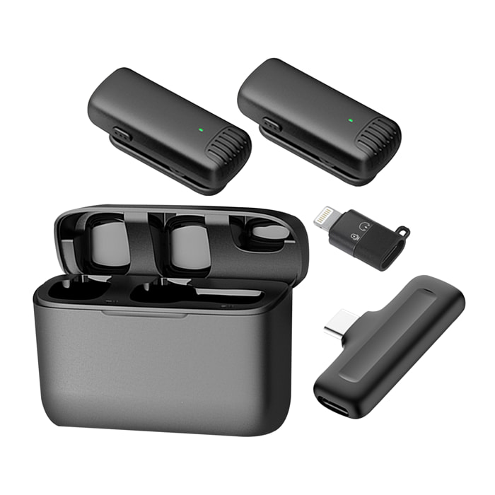 Microfono wireless portatile con clip J13. Include 2 microfoni e 1 ricevitore. Per smartphone, fotocamere e laptop. Connessione USB-C + Lightning.