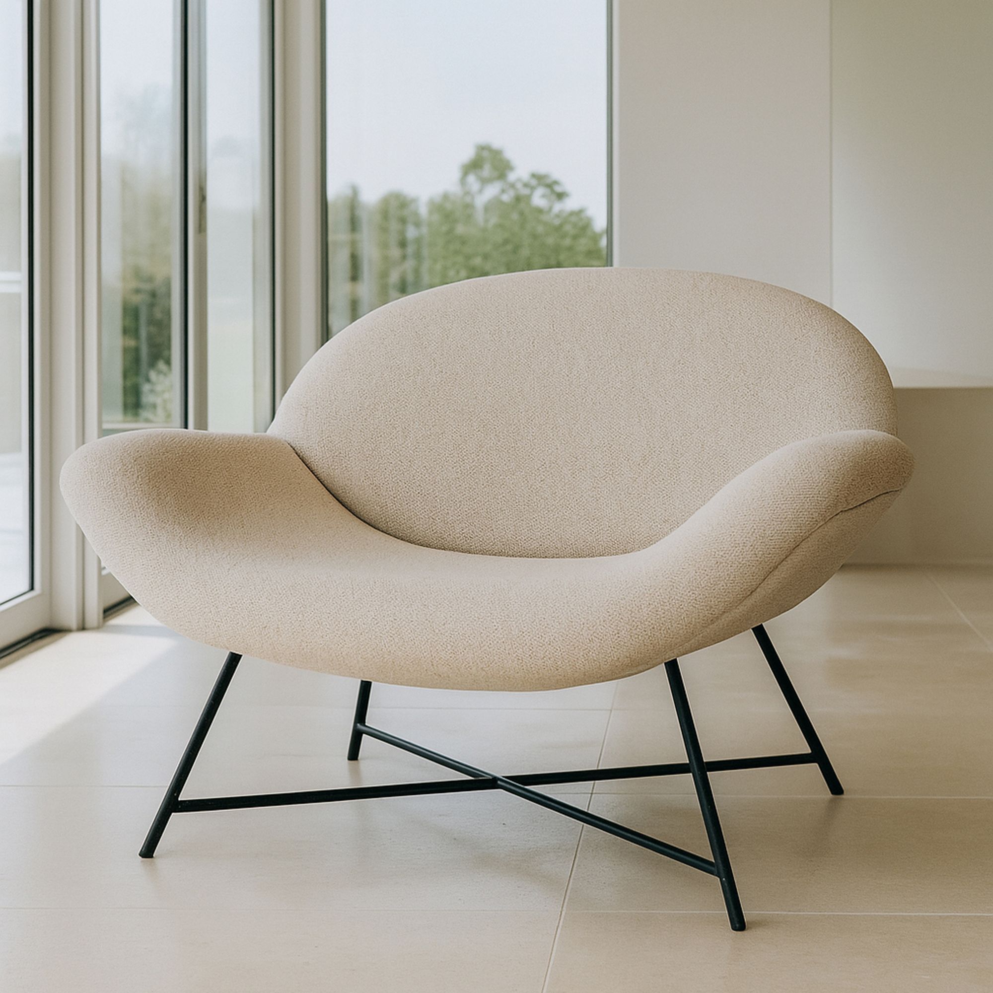 Canapé en bouclette beige et pieds en métal noir 2 places DUKE