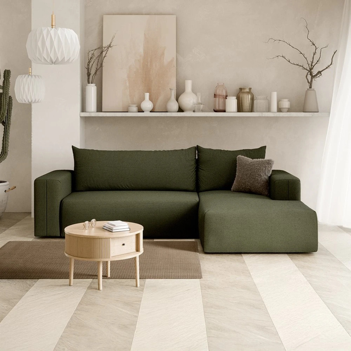 NALA - Canapé d'angle droit convertible 4 places en tissu kaki