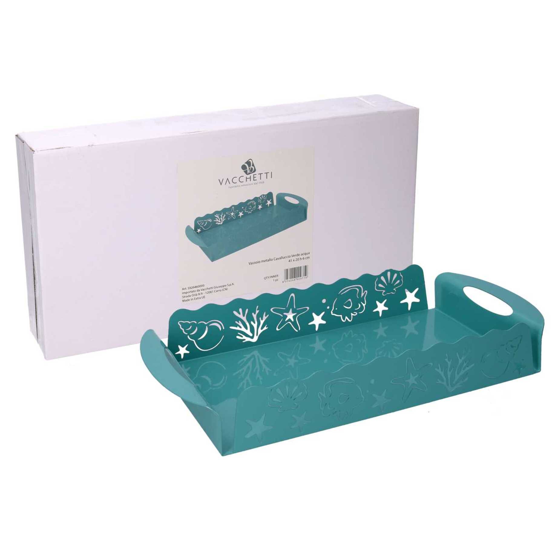 Vassoio in metallo cavalluccio verde acqua rettangolare cm41x20h6